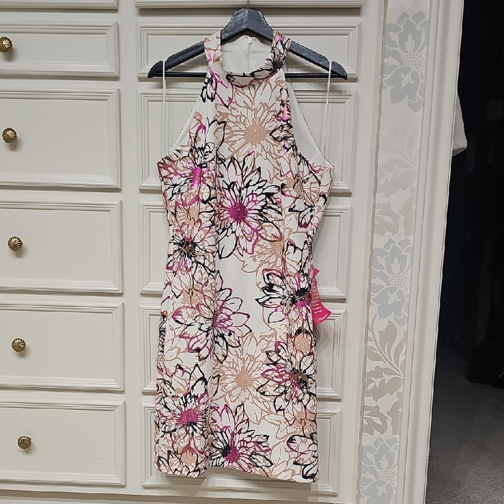 Badgley Mischka White Floral Halter Mini Dress with Pink Accents